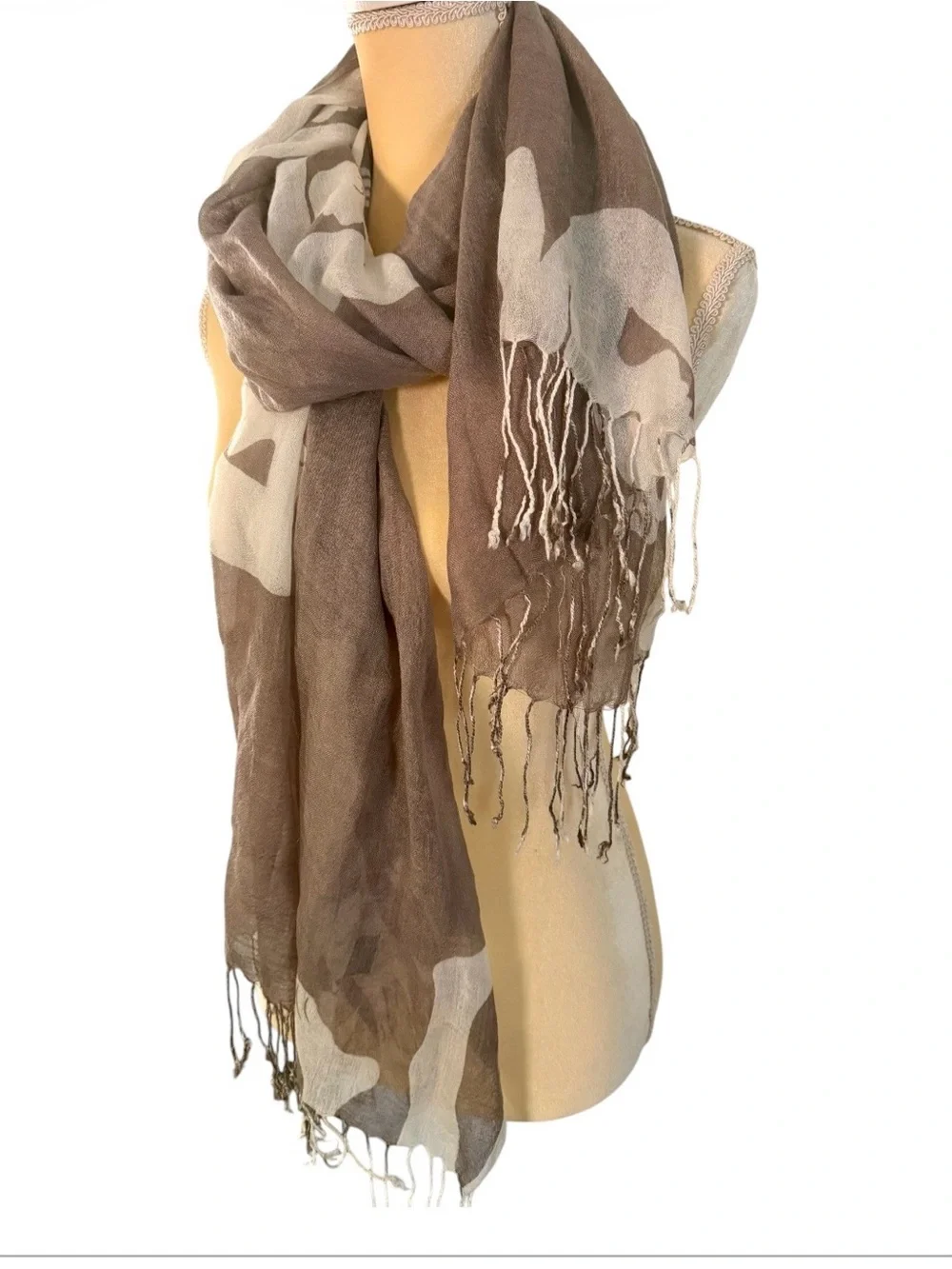 LOOK by M silk blend fringe scarf brown cream gorgeous OS